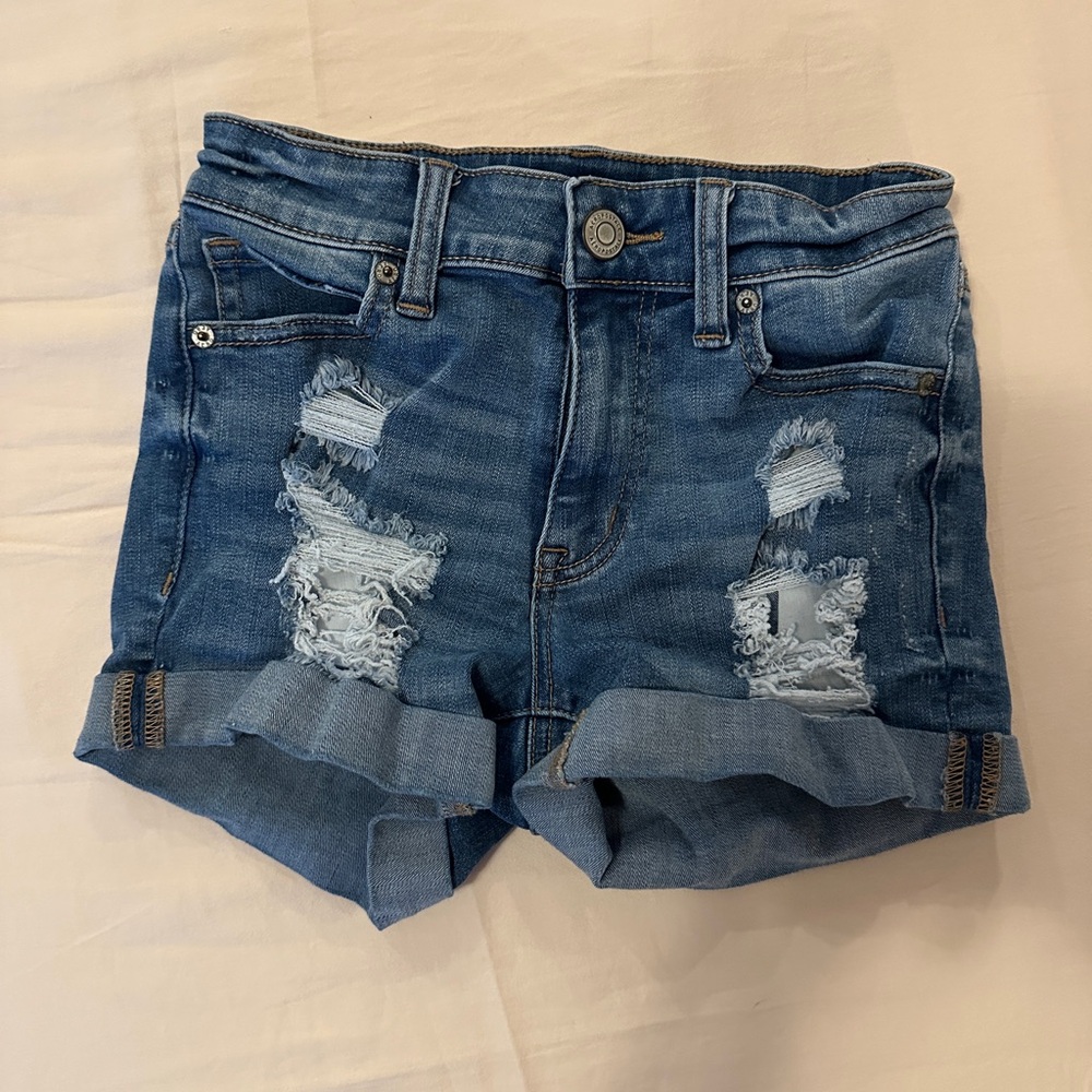 Aeropostale Blue High Rise Midi Jean Shorts Distressed Cuffed Casual.